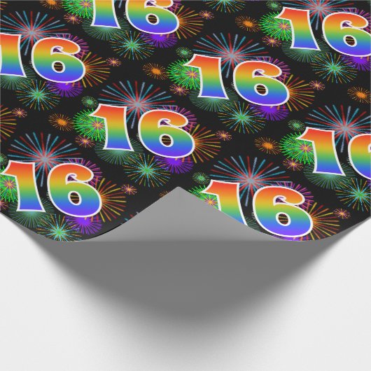 Kleurrijk vuurwerk + regenboogpatroon "16" Eveneme Cadeaupapier (Hoek)