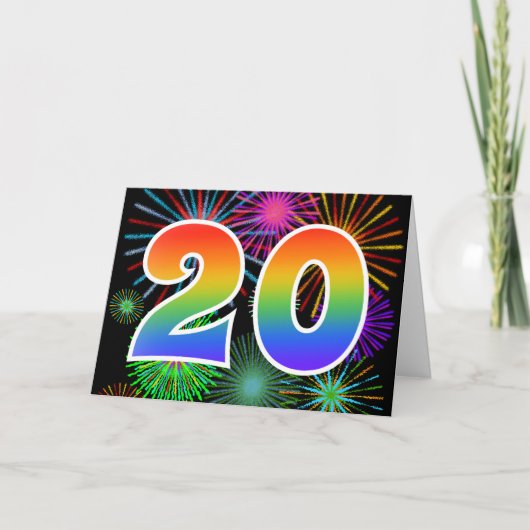 Kleurrijk vuurwerk + regenboogpatroon "20" Event # Kaart (Voorkant)