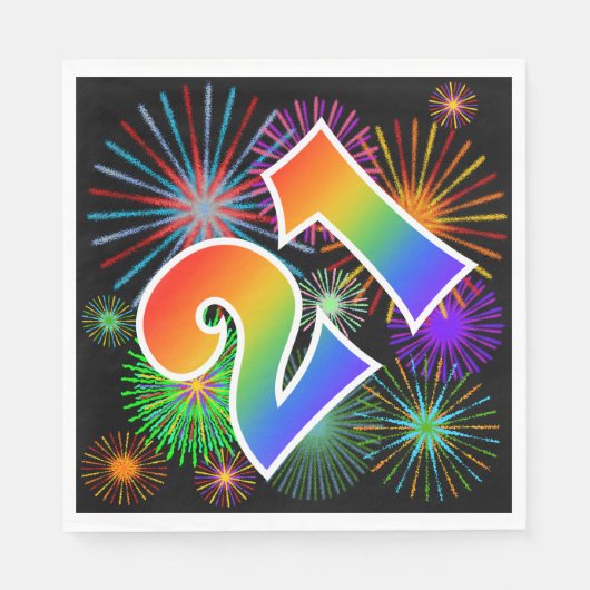 Kleurrijk vuurwerk + regenboogpatroon "21" Event # Servet (Voorkant)