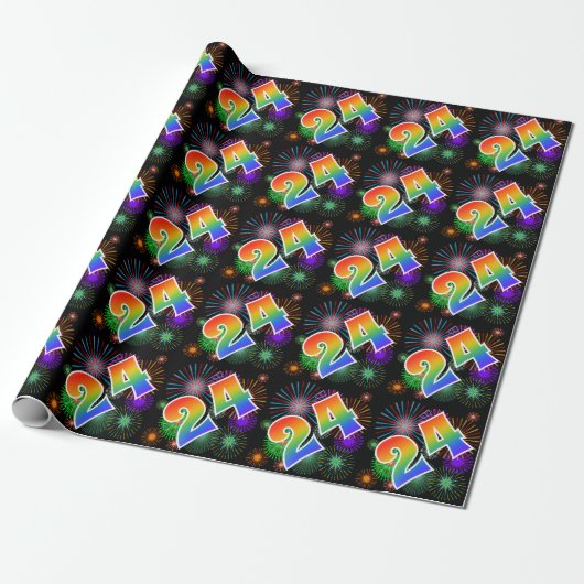 Kleurrijk vuurwerk + regenboogpatroon "24" Event # Cadeaupapier (Uitgerold)