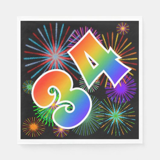 Kleurrijk vuurwerk + regenboogpatroon "34" Event # Servet (Voorkant)