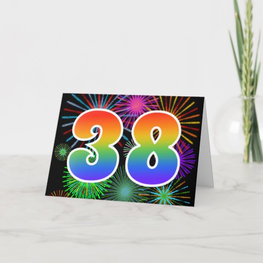 Kleurrijk vuurwerk + regenboogpatroon "38" Eveneme Kaart (Voorkant)