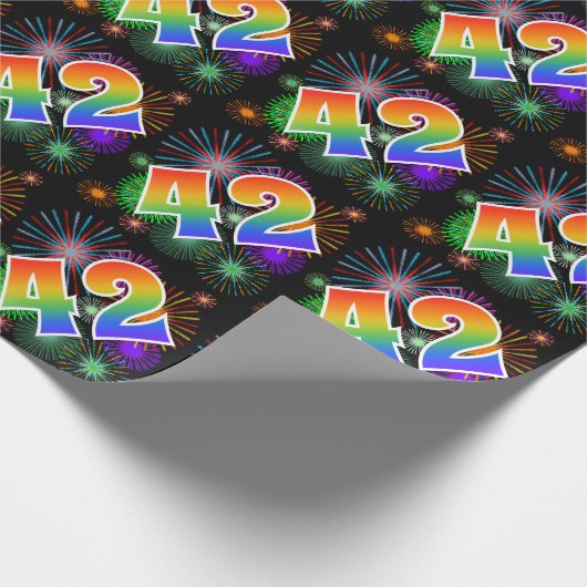 Kleurrijk vuurwerk + regenboogpatroon "42" Event # Cadeaupapier (Hoek)
