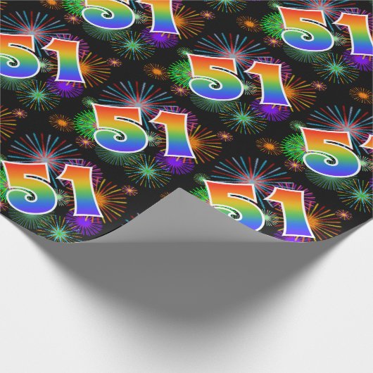 Kleurrijk vuurwerk + regenboogpatroon "51" Event # Cadeaupapier (Hoek)
