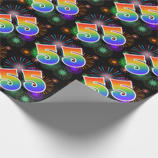 Kleurrijk vuurwerk + regenboogpatroon "55" Event # Cadeaupapier (Hoek)