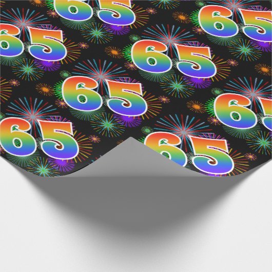 Kleurrijk vuurwerk + regenboogpatroon "65" Event # Cadeaupapier (Hoek)