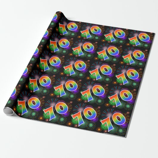Kleurrijk Vuurwerk + Regenboogpatroon "70" Eveneme Cadeaupapier (Uitgerold)