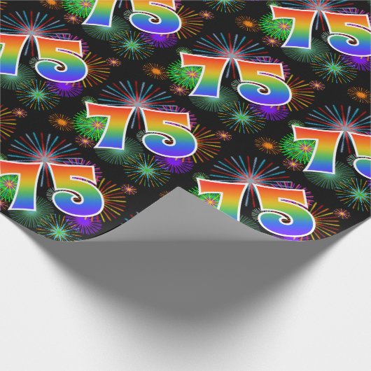 Kleurrijk Vuurwerk + Regenboogpatroon "75" Eveneme Cadeaupapier (Hoek)
