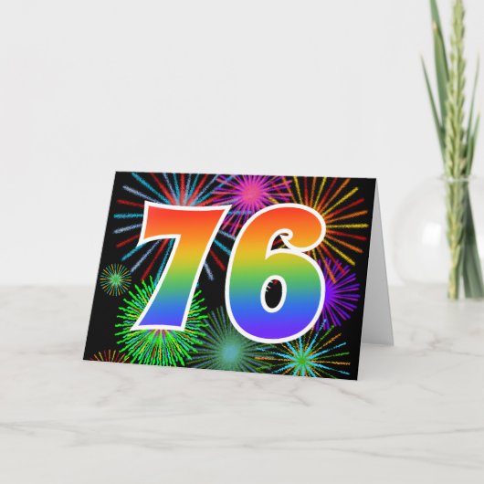 Kleurrijk Vuurwerk + Regenboogpatroon "76" Eveneme Kaart (Voorkant)