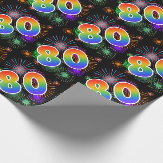 Kleurrijk vuurwerk + regenboogpatroon "80" Event # Cadeaupapier (Hoek)