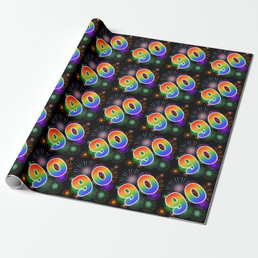 Kleurrijk vuurwerk + regenboogpatroon "90" Event # Cadeaupapier (Uitgerold)