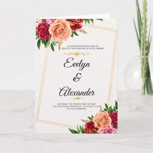 Kleurrijk Waterverf Bloem Goud Frame Bruiloft  Kaart (Voorkant)