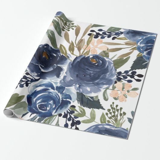 Kleurrijk waterverf marineblauw bloemontwerp cadeaupapier (Uitgerold)