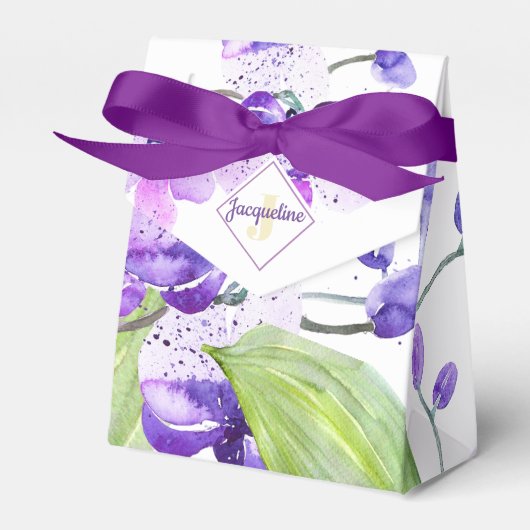 Kleurrijk waterverf orchidee ontwerp met monogram bedankdoosjes (Voorkant Zijde)