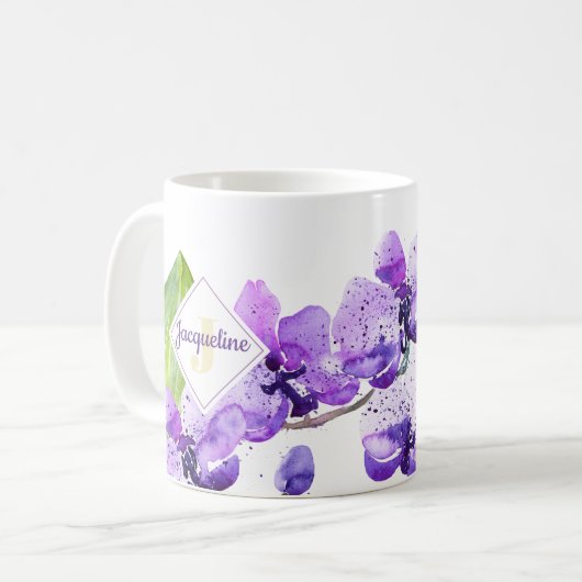 Kleurrijk waterverf-orchideeontwerp met monogram koffiemok (Voorkant links)