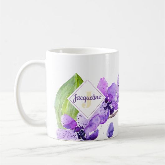 Kleurrijk waterverf-orchideeontwerp met monogram koffiemok (Links)
