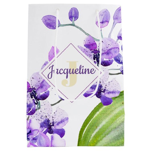 Kleurrijk waterverf-orchideeontwerp met monogram medium cadeauzakje (Achterkant)