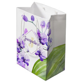 Kleurrijk waterverf-orchideeontwerp met monogram medium cadeauzakje