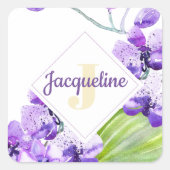 Kleurrijk waterverf-orchideeontwerp met monogram vierkante sticker (Voorkant)
