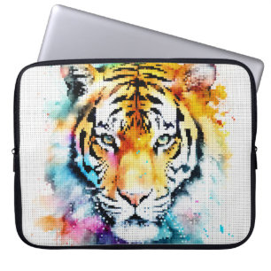 Kleurrijk waterverf tijgerhoofd in geometrische st laptop sleeve
