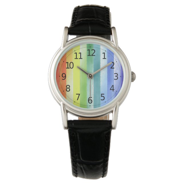 Kleurrijk Waterverf Verticaal regenboogpatroon | Horloge (Voorkant)