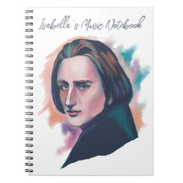 Kleurrijk waterverfportret van Liszt met eigen naa Notitieboek