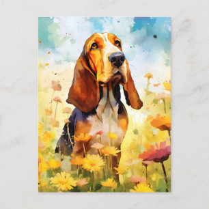 Kleurrijk waterverfschilderij van een Basset Hound Briefkaart