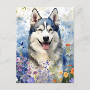 Kleurrijk waterverfschilderij van een Husky Briefkaart