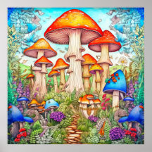 Kleurrijk wild psychedelisch paddenstoelenbos