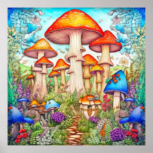Kleurrijk wild psychedelisch paddenstoelenbos poster (Voorkant)