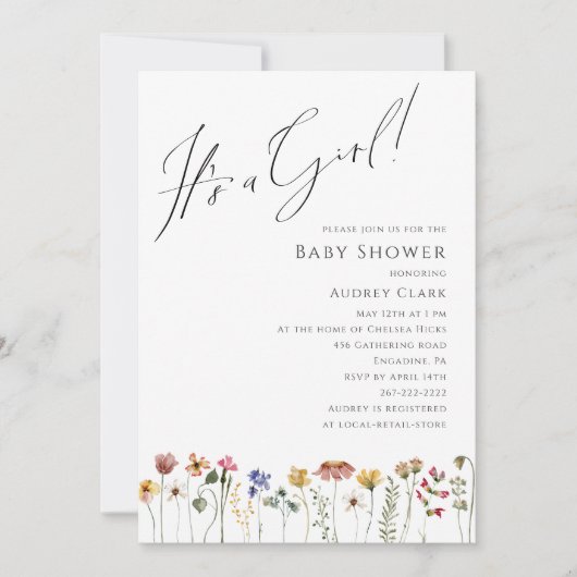Kleurrijk Wildflower Baby shower Het is een meisje Kaart (Voorkant)