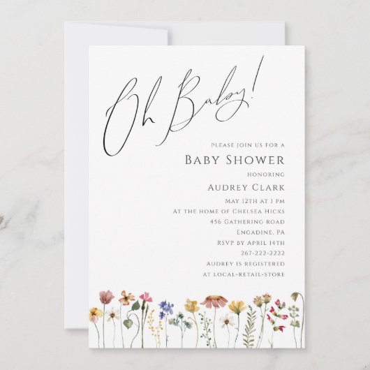 Kleurrijk Wildflower Baby shower Oh Baby! Foto Kaart (Voorkant)