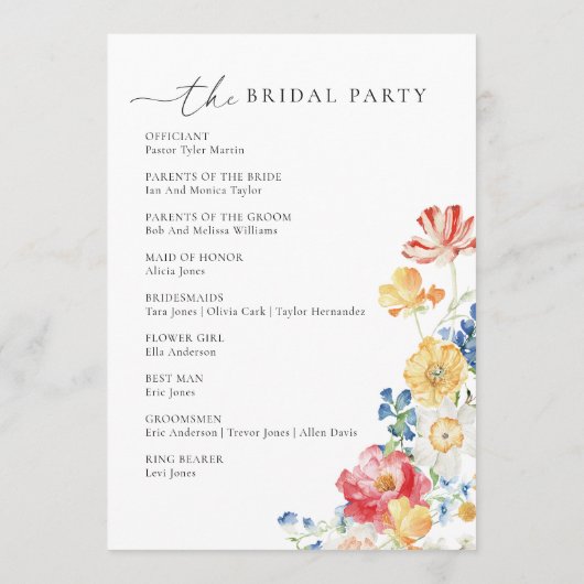 Kleurrijk Wildflower bruiloft programma Programmakaart (Achterkant)