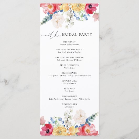 Kleurrijk Wildflower bruiloft programma Programmakaart (Achterkant)