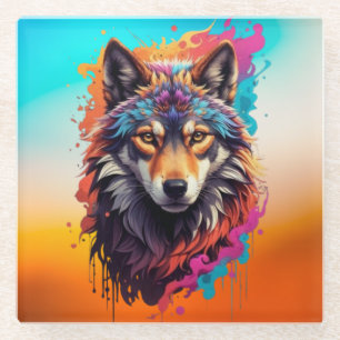 Kleurrijk Wolf Portret Abstract Dierenkunst-87694 Glazen Onderzetter