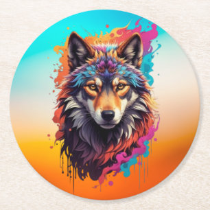 Kleurrijk Wolf Portret Abstract Dierenkunst-87694 Ronde Kartonnen Onderzetter