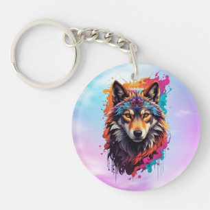 Kleurrijk Wolf Portret Abstract Dierenkunst-87694 Sleutelhanger