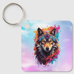 Kleurrijk Wolf Portret Abstract Dierenkunst-87694 Sleutelhanger