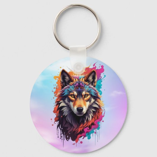 Kleurrijk Wolf Portret Abstract Dierenkunst-87694 Sleutelhanger (Voorkant)