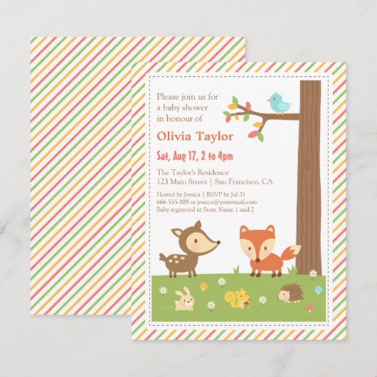 Kleurrijk Woodland Animal Baby shower Kaart (Voorkant / Achterkant)