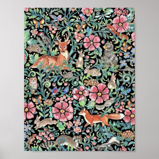 Kleurrijk Woodland Animal Tapestry Design on Black Poster (Voorkant)