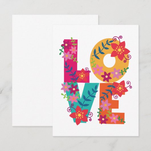 Kleurrijk woord liefde versierd met bloemen bedankkaart (Voorkant / Achterkant)