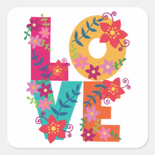 Kleurrijk woord liefde versierd met bloemen vierkante sticker