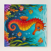 Kleurrijk zeepaardje in een levendig koraalrif legpuzzel (Horizontaal)