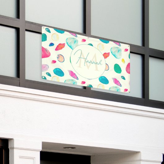 kleurrijk zeeshells Beige Patroon Spandoek (Buitenkant Gebouw)