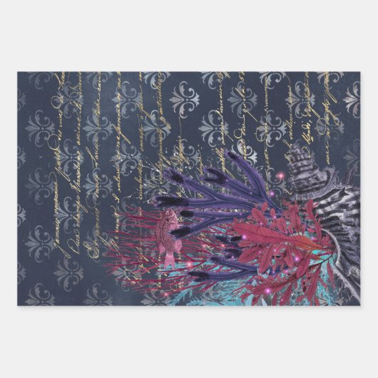 Kleurrijk zeewier en vis op blauw inpakpapier vel (Voorkant 2)