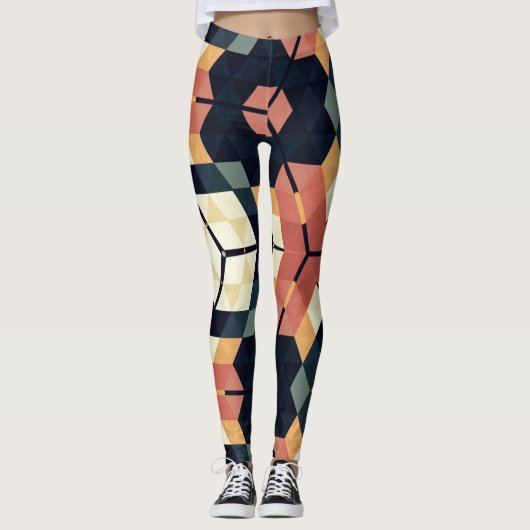 Kleurrijk Zeshoek Vierkant Geometrisch Patroon Leggings (Voorkant)
