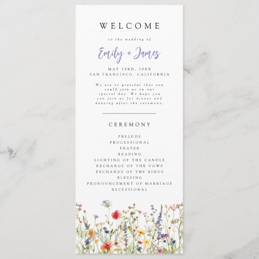 Kleurrijk zomerbloem bruiloftsprogramma programmakaart (Voorkant)