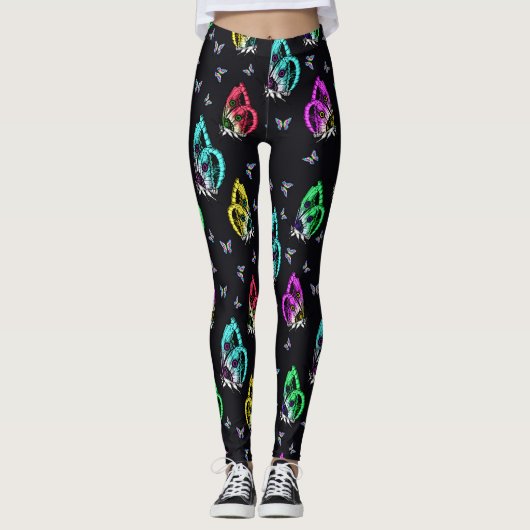 Kleurrijk zwart vlinder patroon ontwerp leggings (Voorkant)