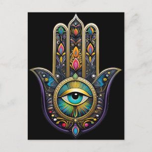 Kleurrijk Zwarte Gouden Hamsa met Turquoise Derde  Briefkaart